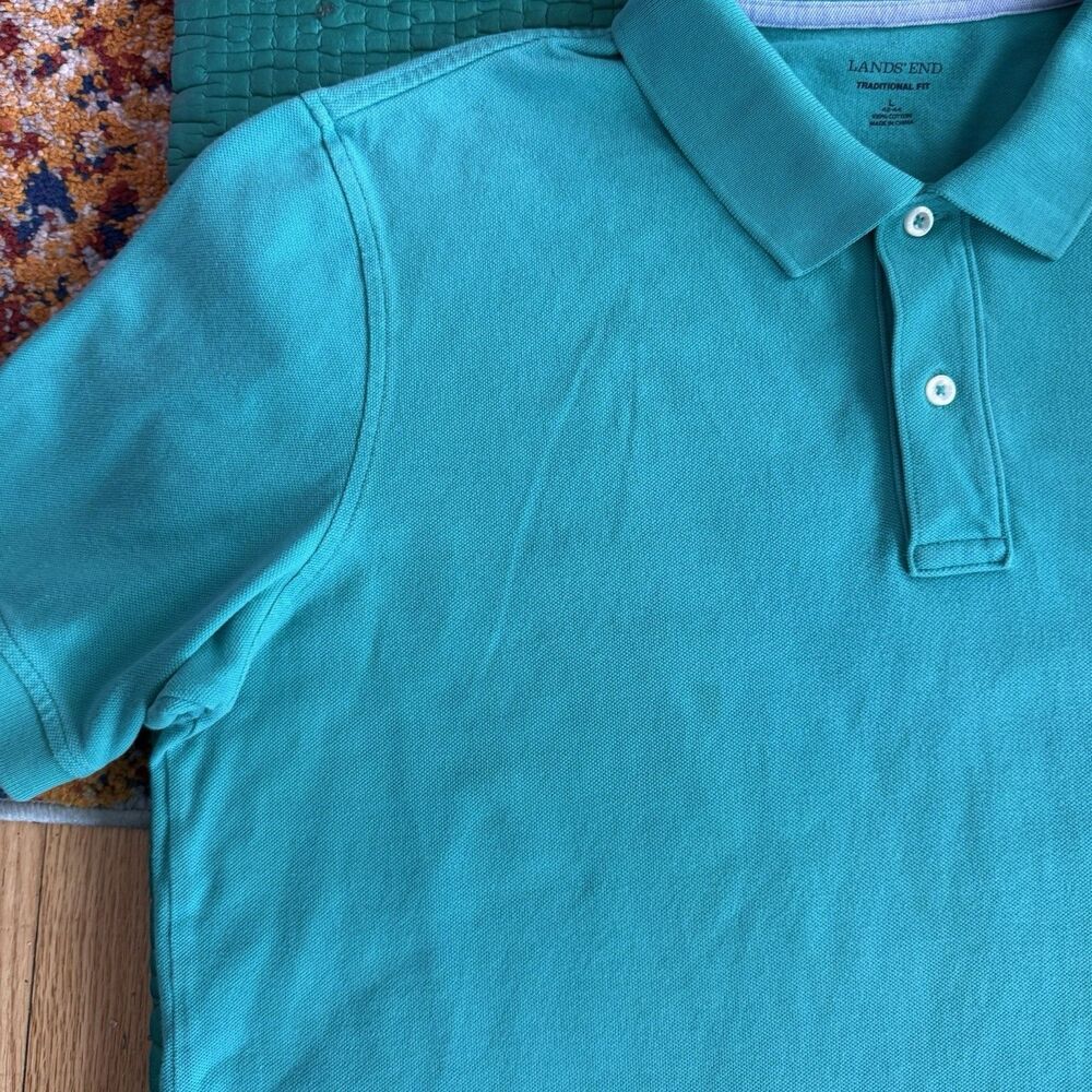Vintage Lands End Polo Men L Turquoise Blue Made In USA Short Sleeve Shirt Faded - Picture 7 of 14